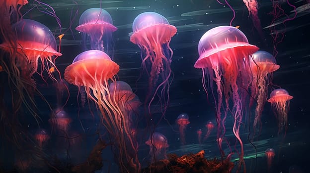 Jellyfishes underwater close-up, sunlight through the water. Generative AI