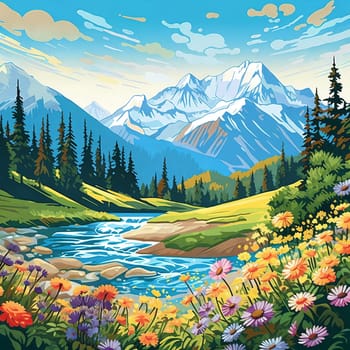 The crystal-clear water of the river, surrounded by flowers and mountains. Generative AI