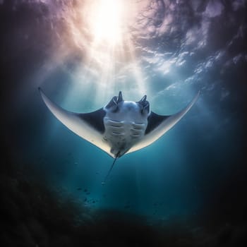 Fantasy ray underwater close-up, sunlight through the water. Generative AI