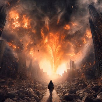 When the end of the world came to earth. Person going to destroied city . AI Generative
