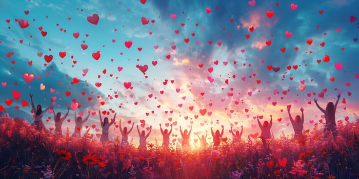 People reach their hand to colorful hearts in the sky, volenteer and humanitarian help concept, charity and friendship, support teamwork