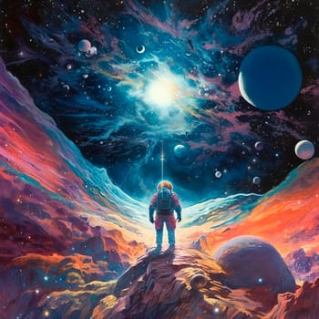 Astronaut exploring fantasy planet, night sky with stars and planets on background . AI Generative