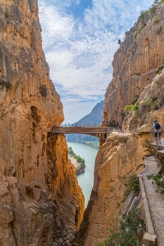 Caminito Del Rey, Spain, October 19, 2023: Visitors Walking Along the Worlds Most Dangerous Footpath Reopened in May 2015. Ardales, Spain.