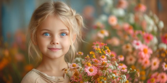 Girl with bunch of spring flowers, mothers day, birthday and friendship concept, daughter with gift, love and emotion