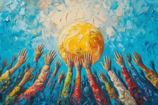 Diversity, equity and inclusion, human rights, friendship and respect, no discrimination and racism, multicultural people reaching hand to sun