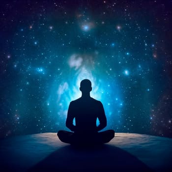 Meditating person silhouette, night starry sky on background. AI Generative