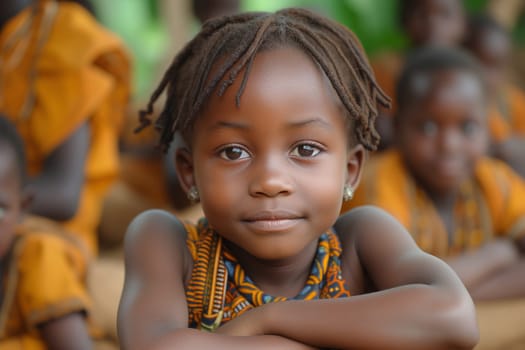 Black african girl at elementary school, classroom with children in Africa, education concept, learning new skill, book on the desk