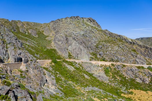 Landscape of the Serra da Estrela mountain range, along road, in Portugal