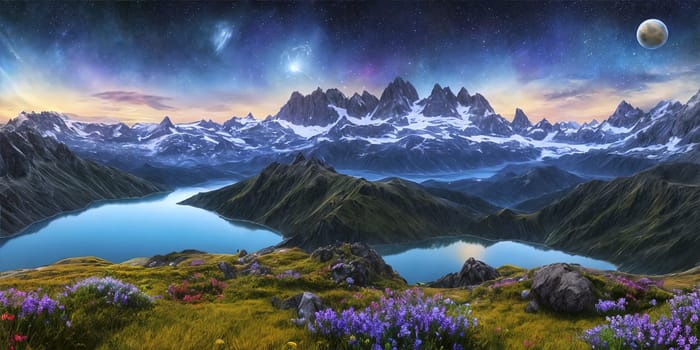 Fantasy planet with flowers on foreground, mountains and night sky with stars and planets on background . AI Generative