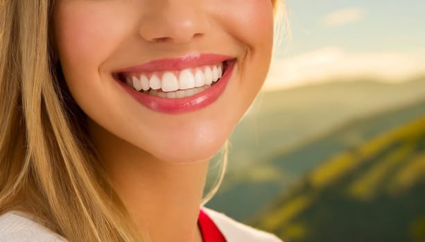 dental care concept for dentists and orthodontist - close up of a woman with a smile and perfect white teeth