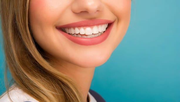 dental care concept for dentists and orthodontist - close up of a woman with a smile and perfect white teeth