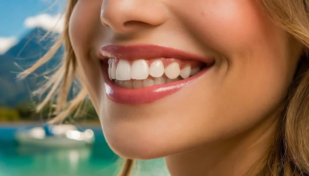 dental care concept for dentists and orthodontist - close up of a woman with a smile and perfect white teeth