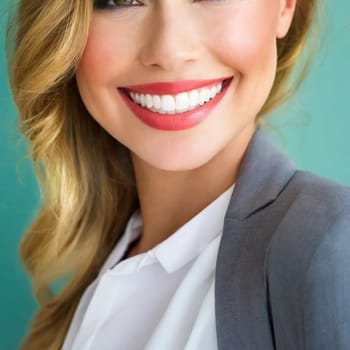 dental care concept for dentists and orthodontist - close up of a woman with a smile and perfect white teeth