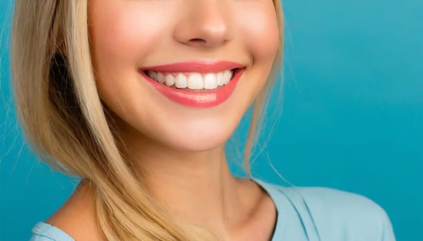 dental care concept for dentists and orthodontist - close up of a woman with a smile and perfect white teeth