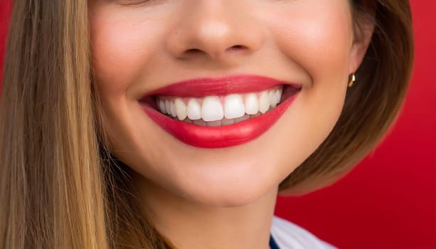 dental care concept for dentists and orthodontist - close up of a woman with a smile and perfect white teeth