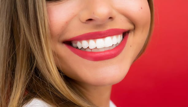dental care concept for dentists and orthodontist - close up of a woman with a smile and perfect white teeth