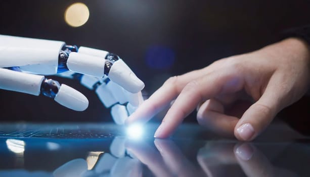 AI, Machine learning, Hands of robot and human touching on big data network connection background, Science and artificial intelligence technology, innovation and futuristic.