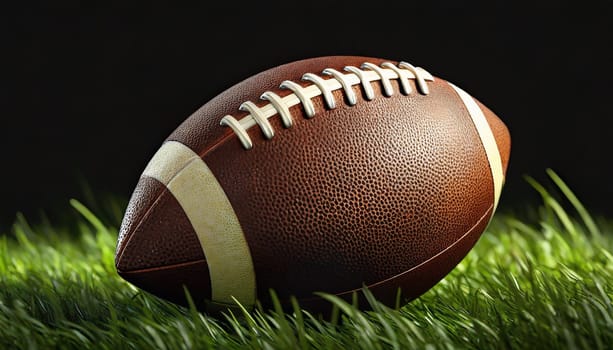 American football on green grass, on black background