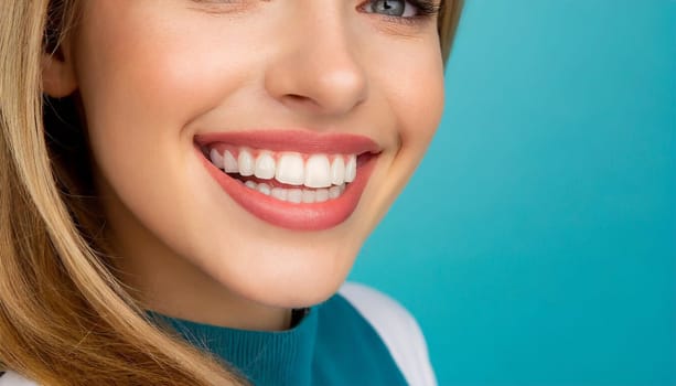 dental care concept for dentists and orthodontist - close up of a woman with a smile and perfect white teeth