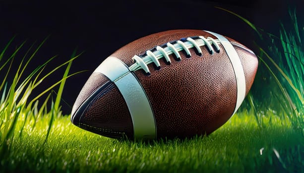 American football on green grass, on black background