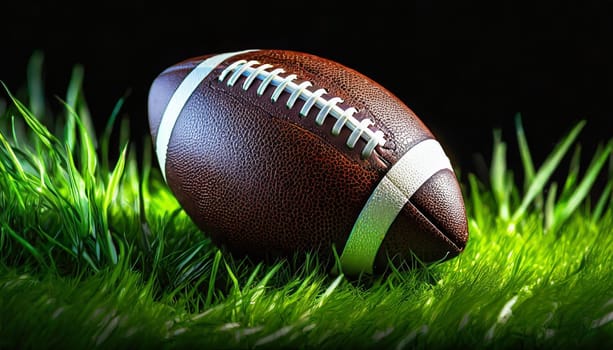 American football on green grass, on black background