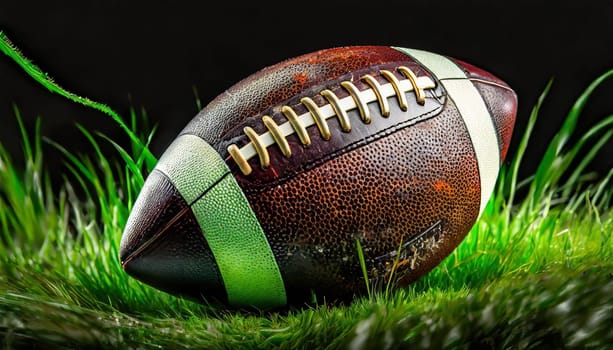 American football on green grass, on black background