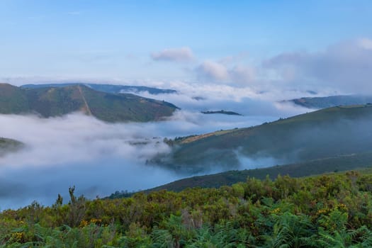 View of Galicia mountain landscape at the sunrise along the way of St. James. Lugo