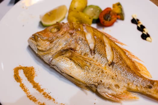Grill fish on the white plate