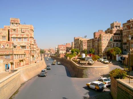 Sana'a, Yemen - May 12, 2015: City of Sana'a, streets and buildings of the city in Yemen, sights and architecture of the Middle East.