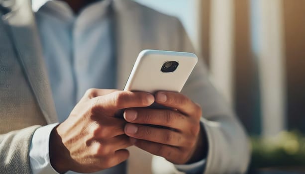 Close up of a man using mobile smart phone