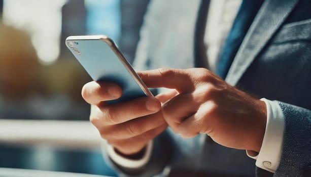 Close up of a man using mobile smart phone