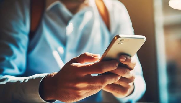 Close up of a man using mobile smart phone