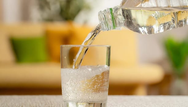Close up the pouring purified fresh drink water from the bottle on table in living room
