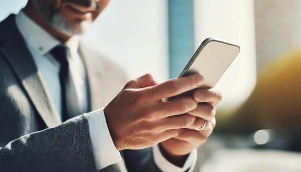 Close up of a man using mobile smart phone