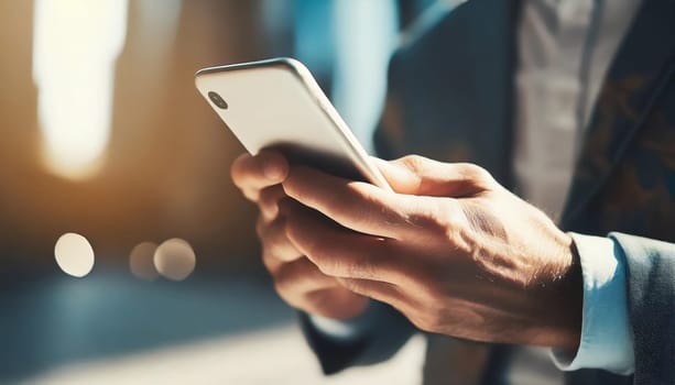Close up of a man using mobile smart phone