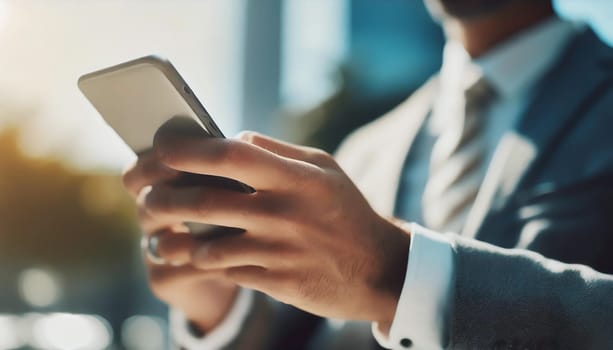Close up of a man using mobile smart phone