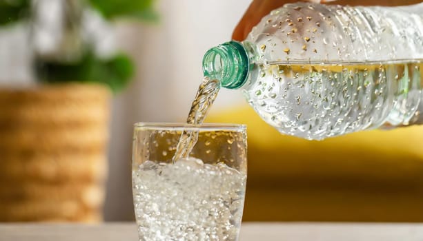 Close up the pouring purified fresh drink water from the bottle on table in living room