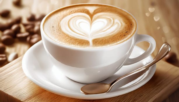 Close up white coffee cup with heart shape latte art on wood tab