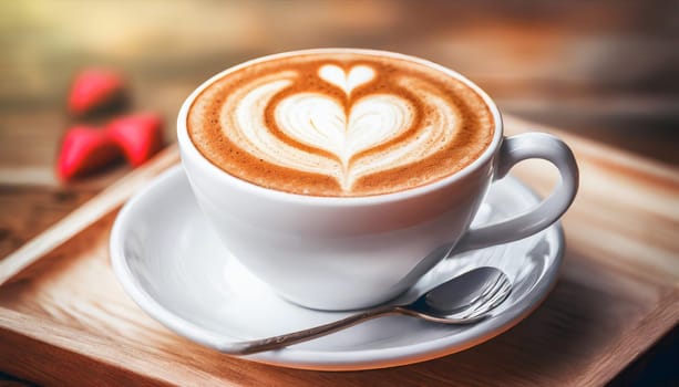 Close up white coffee cup with heart shape latte art on wood tab