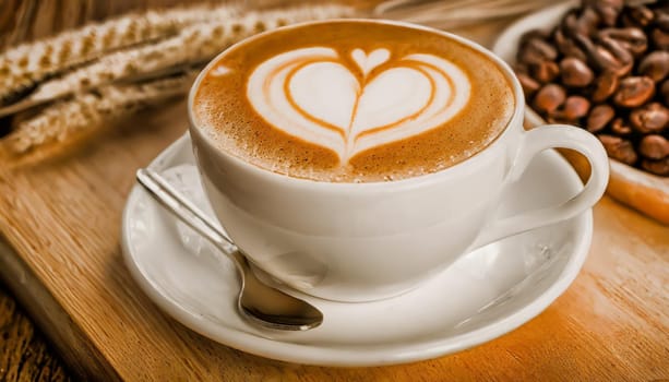 Close up white coffee cup with heart shape latte art on wood tab