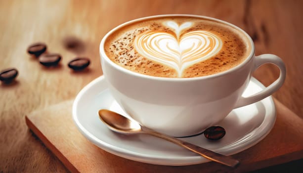Close up white coffee cup with heart shape latte art on wood tab