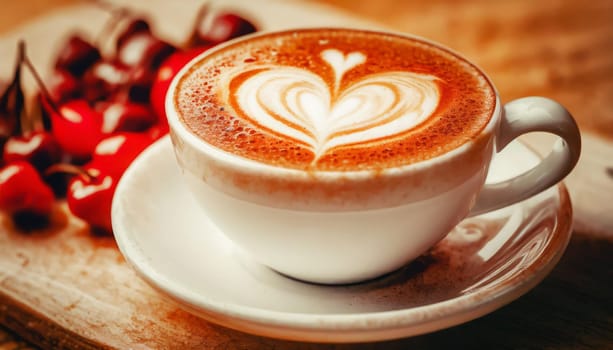 Close up white coffee cup with heart shape latte art on wood tab