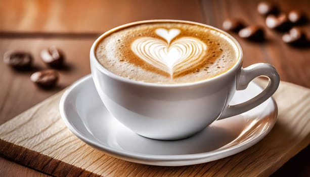 Close up white coffee cup with heart shape latte art on wood tab
