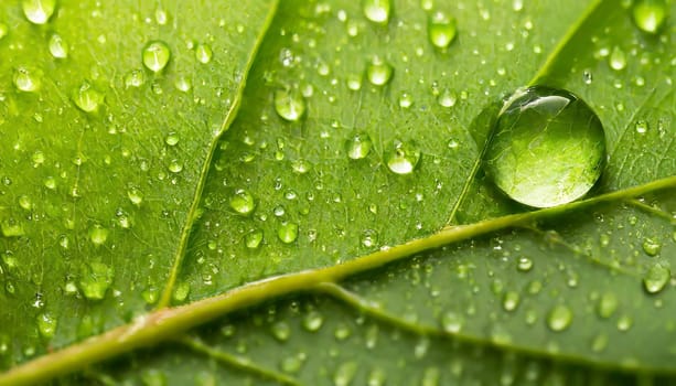 Close-up of green plant leaf one drop of rain, image for nature background