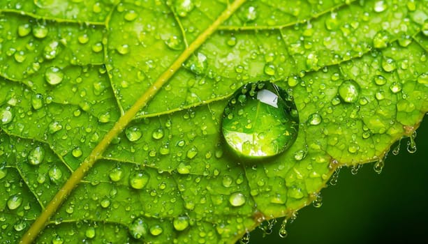 Close-up of green plant leaf one drop of rain, image for nature background