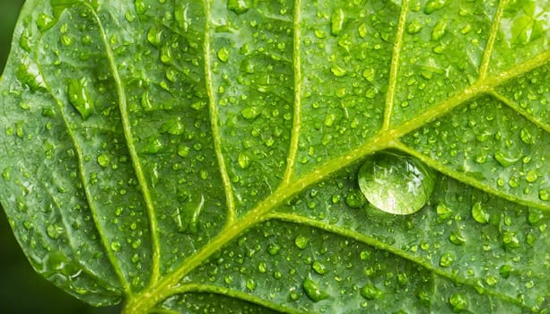 Close-up of green plant leaf one drop of rain, image for nature background
