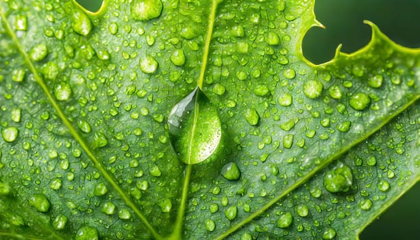 Close-up of green plant leaf one drop of rain, image for nature background