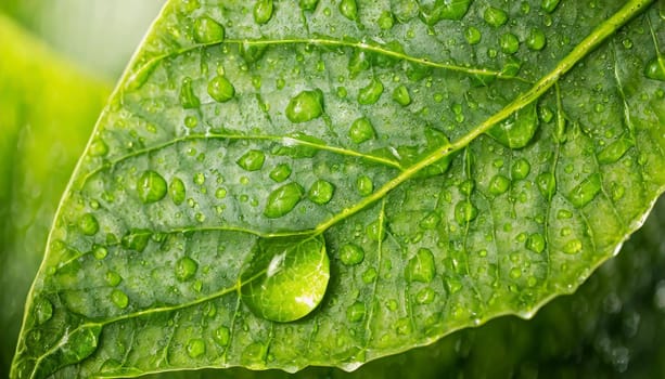 Close-up of green plant leaf one drop of rain, image for nature background