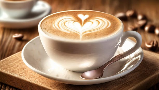 Close up white coffee cup with heart shape latte art on wood tab