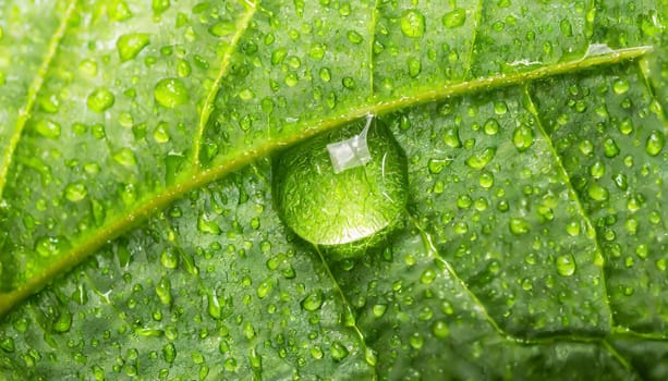 Close-up of green plant leaf one drop of rain, image for nature background